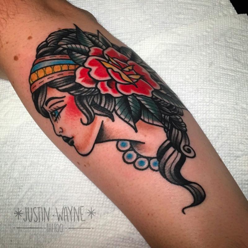 Traditional girl head tattoo by Justin Wayne : Tattoos