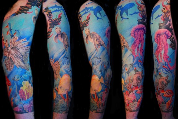 Comments Underwater sleeve tattoo with fish coral turtles jellyfish