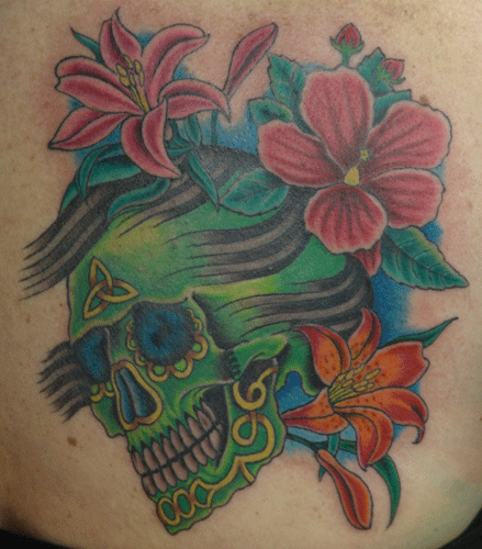 Tattoos - skull and flowers - 19423