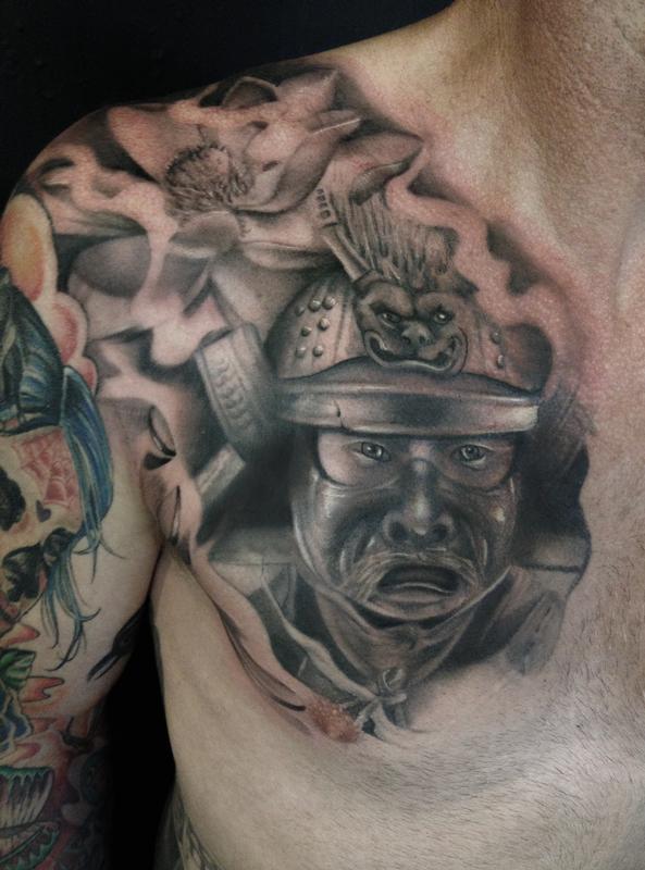 Art Junkies Tattoo Studio : Tattoos : Body Part Chest Tattoos for Men :  Black and Grey Samurai