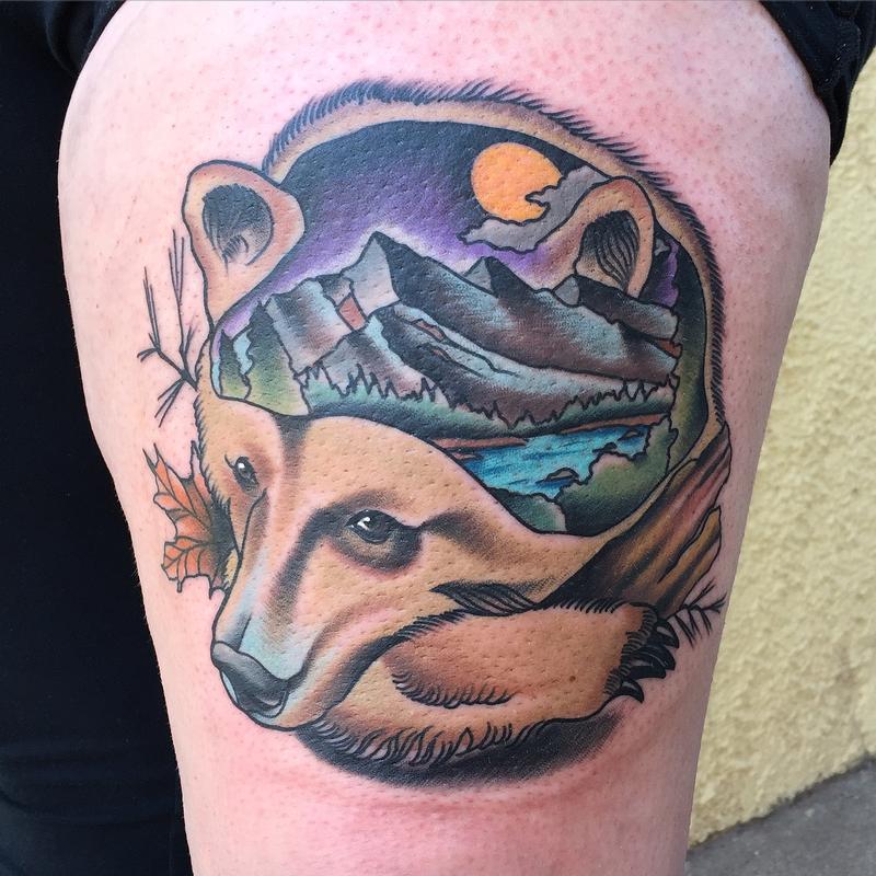 Art Junkies Tattoo Studio : Tattoos : Nature Tree : Traditional color bear  with mountains tattoo. Gary Dunn Art Junkies Tattoo