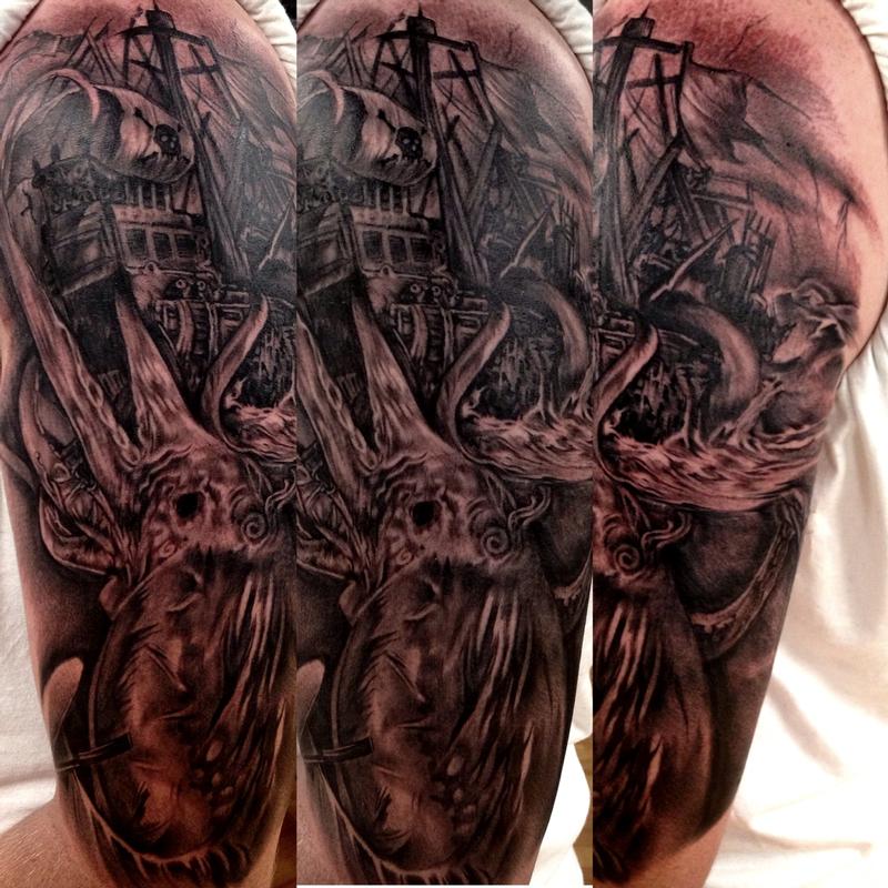 Art Junkies Tattoo Studio : Tattoos : Realistic : black and grey sea monster  tattoo, Big Gus Art Junkies tattoo