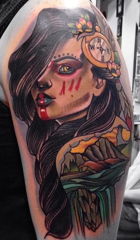 Tattoos - Traditional color native girl with compass in hair tattoo. Gary Dunn Art Junkies Tattoo  - 101607