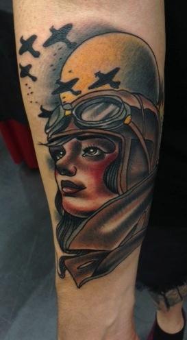 Tattoos - Color traditonal female pilot tattoo, Gary Dunn Art Junkies Tattoo - 80936