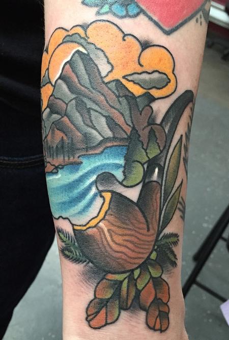 Tattoos - Traditional color pipe with water and mountains tattoo. Gary Dunn Art Junkies Tattoo  - 103791