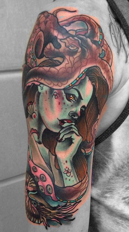 Traditional color mermaid with octopus tattoo, Gary Dunn Art Junkies Tattoo  by Gary Dunn: TattooNOW