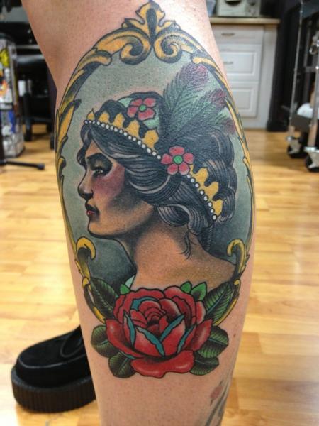 Gary Dunn - color traditional tattoo with girl and rose by Gary Dunn Art Junkies Tattoos