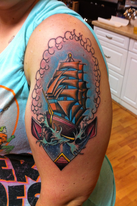 Mike Riedl - Colored traditional clipper ship with anchor tattoo Mike Riedl Art Junkies Tattoo