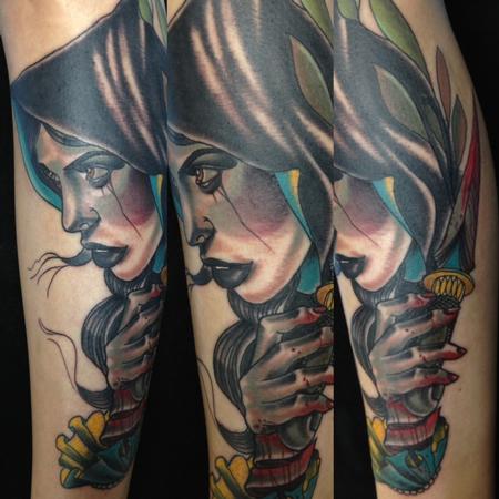 Tattoos - traditional color portrait of girl with dagger tattoo, Gary Dunn Art Junkies tattoos - 75678