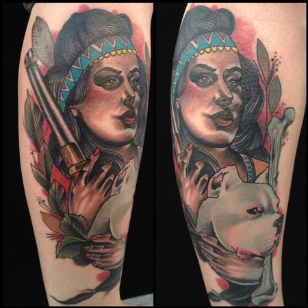 Tattoos - traditional color native girl with dog and gun, Gary Dunn Art Junkies Tattoo - 77165