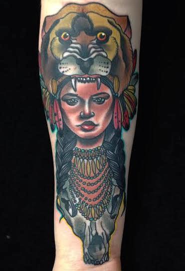 Tattoos - Traditional native girl with lion on head tattoo, Gary Dunn Art Junkies Tattoo - 100523