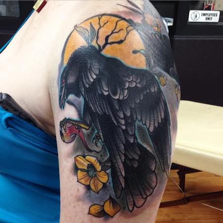 Tattoos - Traditional color raven with eyeball and flower tattoo, Gary Dunn Art Junkies Tattoo - 100615