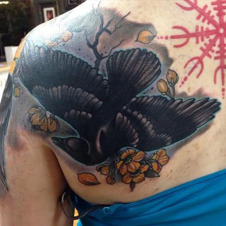 Tattoos - Traditional color raven with flowers tattoo, Gary Dunn Art Junkies Tattoo - 100625