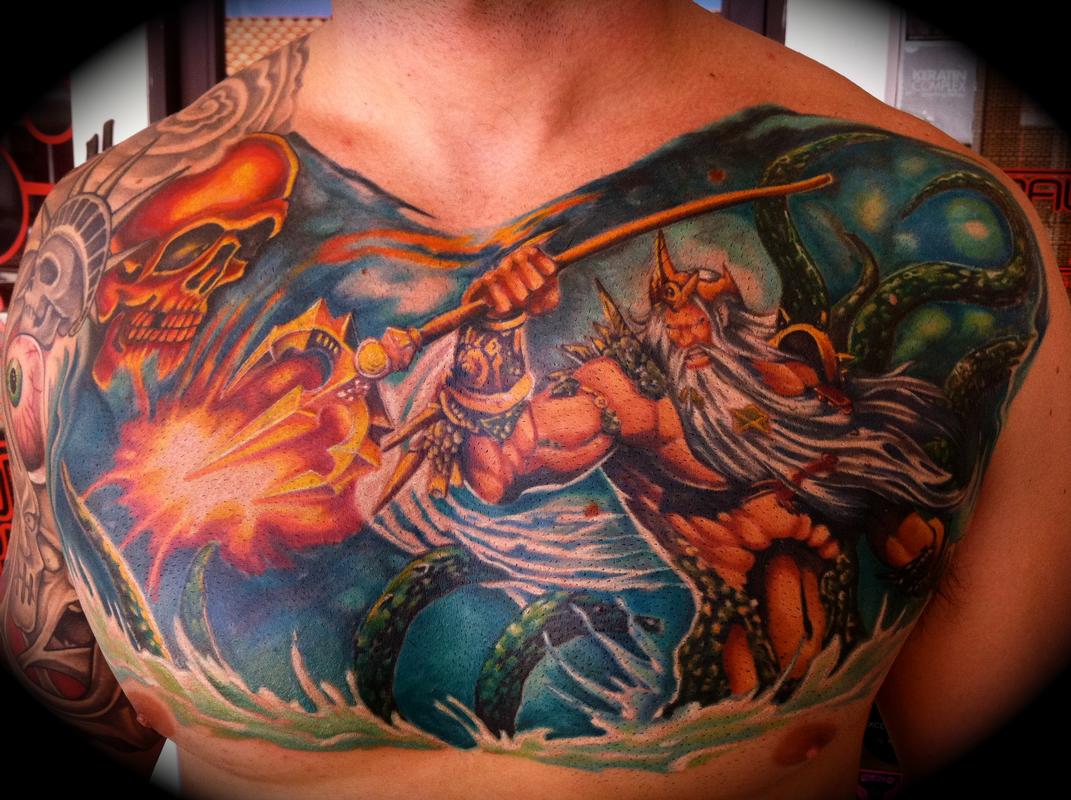 Art Junkies Tattoo Studio : Tattoos : Color : Neptune Squid Trident Ocean  Custom Color Tattoo Chris Burnett Art Junkies