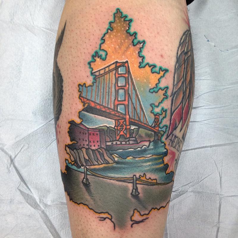 Traditional color leaf with the San Francisco bridge inside tattoo, Gary Dunn Art Junkies Tattoo by Gary Dunn : Tattoos