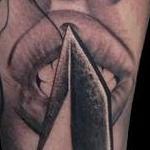 Realistic black and gray portrait of girl with knife tattoo. Scott Grosjean Art Junkies tattoo Tattoo Thumbnail