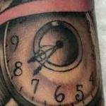 Traditional color pocket watch with banner tattoo. Frichard Adams Art Junkies Tattoo.  Tattoo Thumbnail