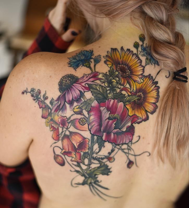 echinacea foxgloves poppy botanical flower tattoo by Aubrey Mennella