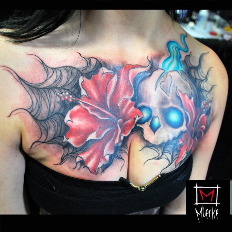 Muecke Chest piece tattoo skull spiderweb rose flowers girl ink by George  Muecke : Tattoos