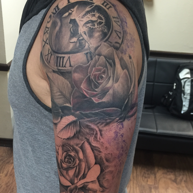 Mechanical Clock and Roses Sleeve Progress by Capone Tattoos