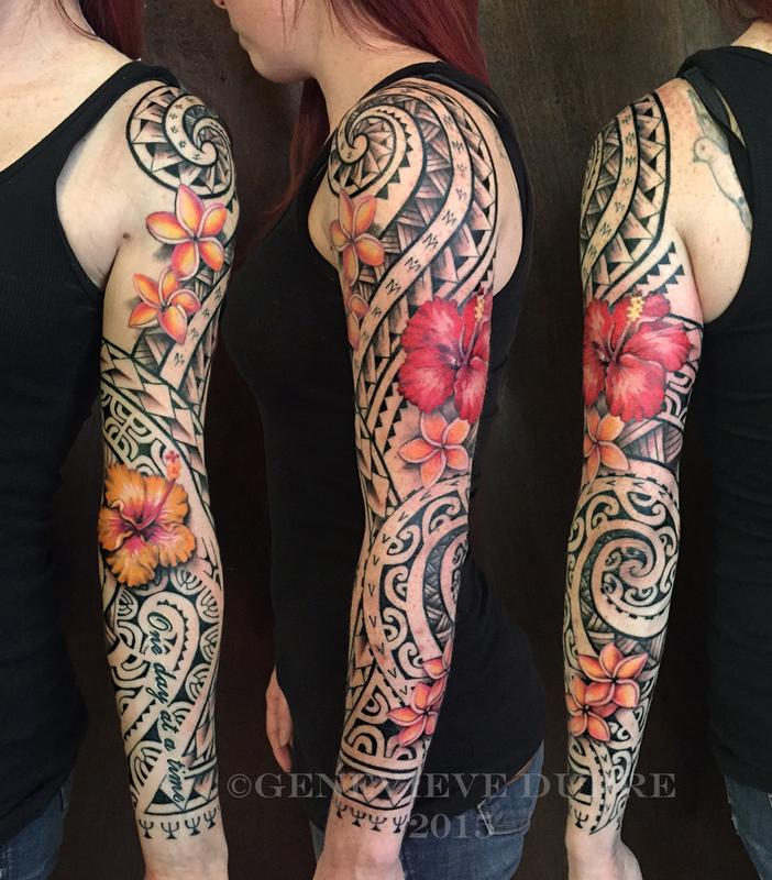 Hawaiian Flower Sleeve Tattoos