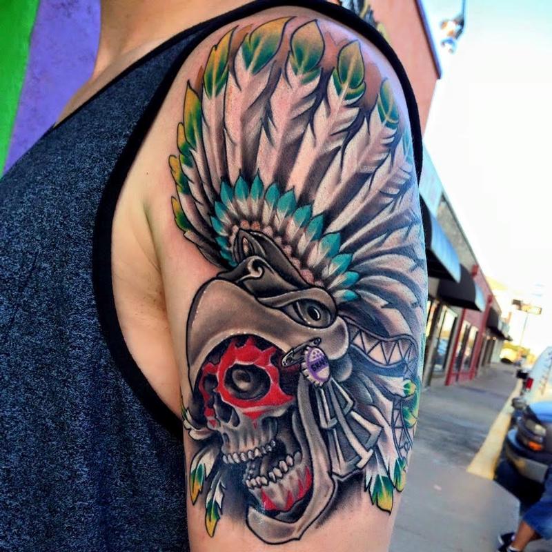 Skull with Native American Head dress by Big Mike : Tattoos