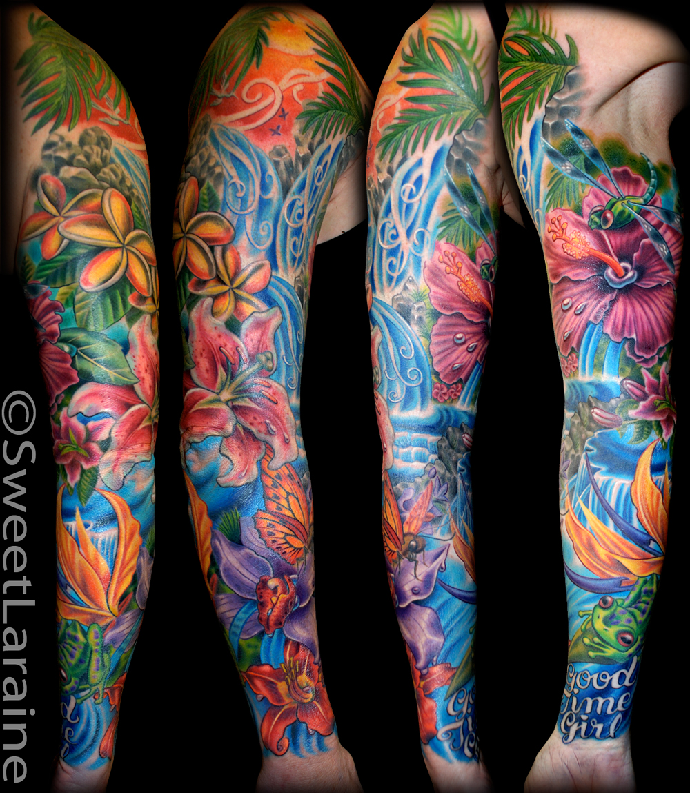 Tropical Flowers & Waterfalls by Sweet Laraine TattooNOW