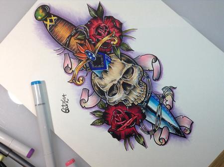 Tattoos - Skull Dagger & Roses - 84420