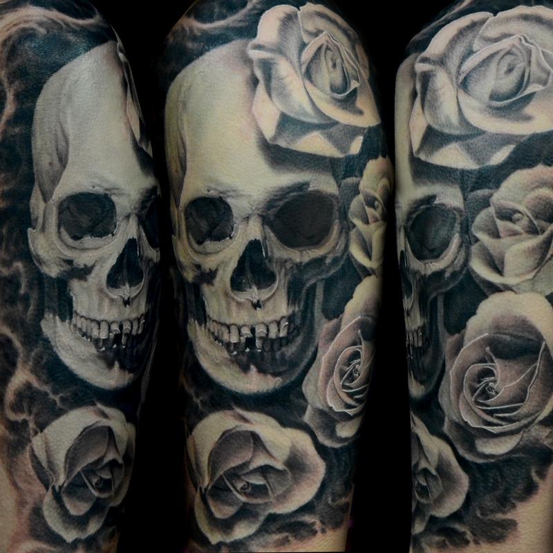 Skull And Roses Tattoo Black And Grey