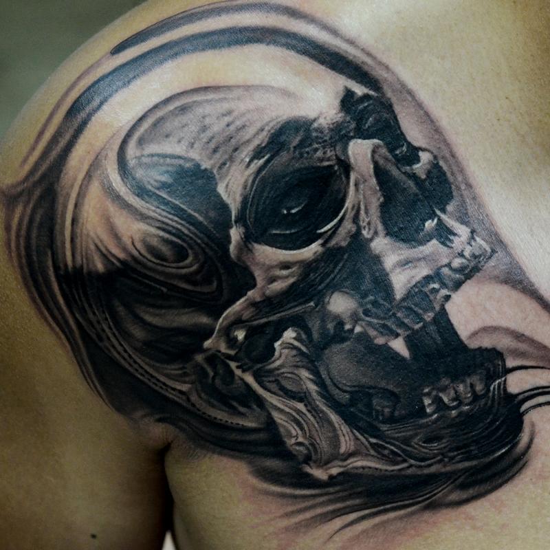 Texture Skull on Shoulder and Chest by Jose Perez Jr: TattooNOW