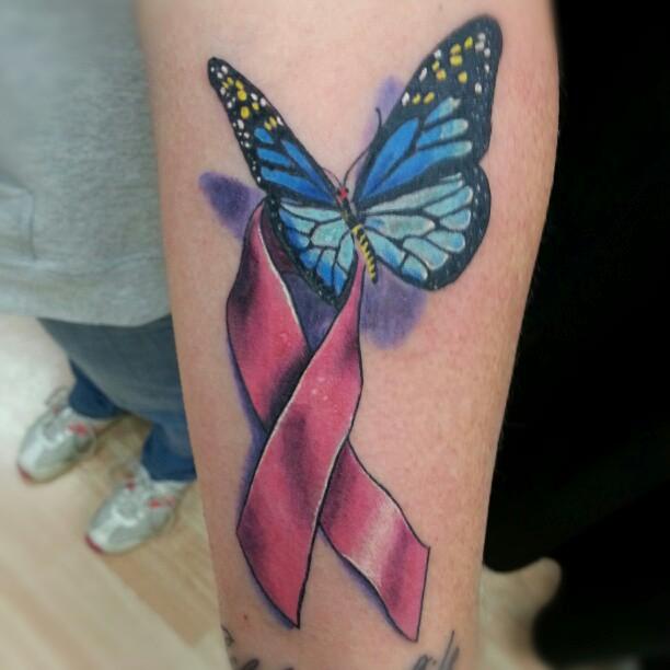 Cancer ribbon with butterfly by David J. Kline: TattooNOW