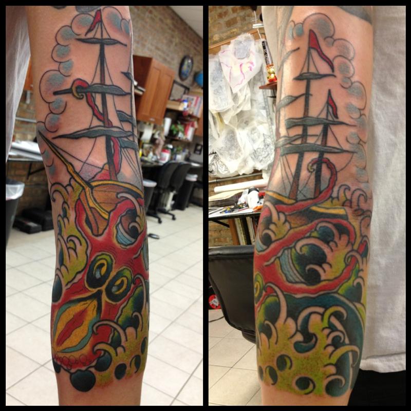 SHIP AND KRAKEN by Dustin Golden Tattoos