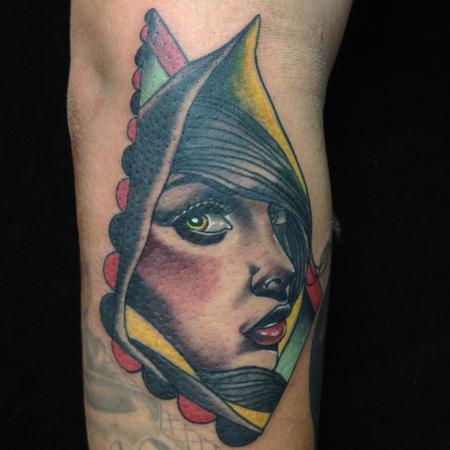 Tattoos - traditional color lady face tattoo, Gary Dunn Art Junkies Tattoo - 76635