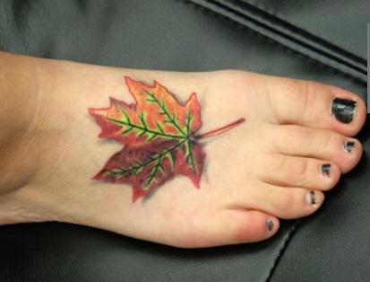 Color Autumn Leaf Tattoo on Foot