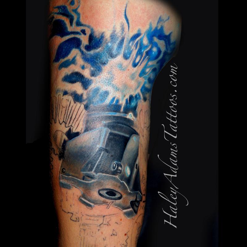 in progress tool/machine sleeve by Haley Adams Tattoos
