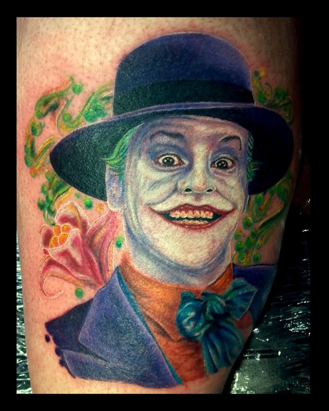 Jack Nicholson joker batman portrait tattoo by Haley Adams Tattoos