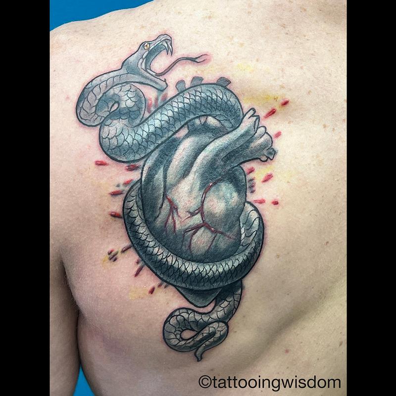 Snake and Heart Tattoo Gray and Black Ink by James Wisdom TattooNOW