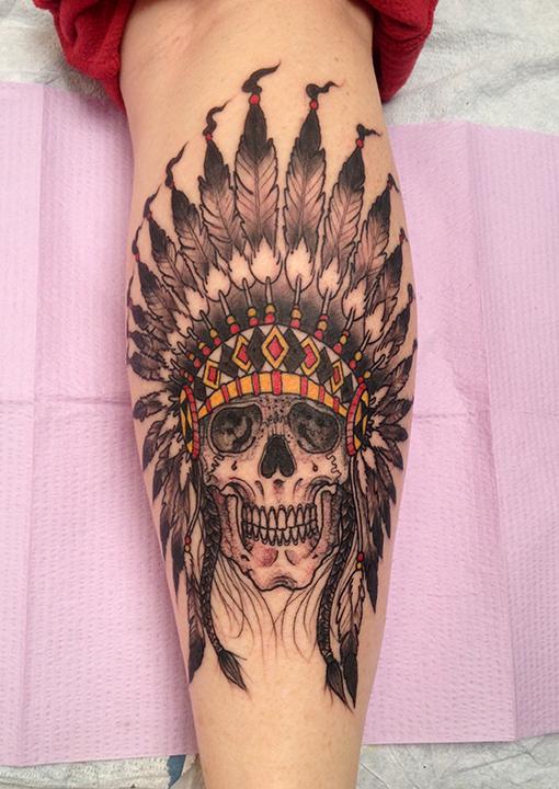 Native American Skull and Headdress Tattoo by Jeff Johnson : Tattoos
