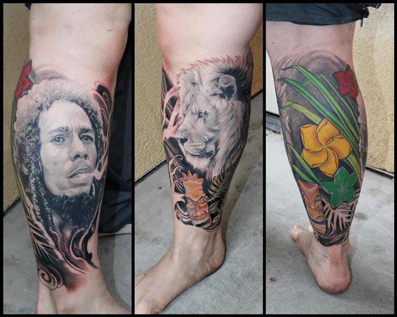 Bob Marley rasta leg piece by Jeff Norton Tattoos