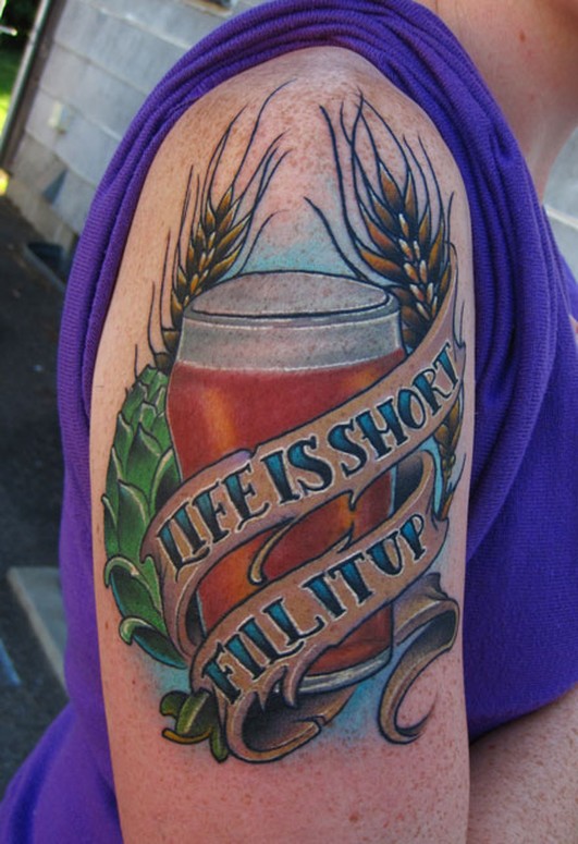 fill it up beer glass color arm tattoo custom by Jon von Glahn TattooNOW