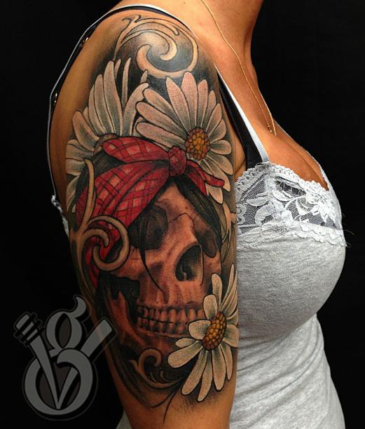 skull bandana floral daisy color arm sleeve tattoo woman female by Jon von  Glahn: TattooNOW