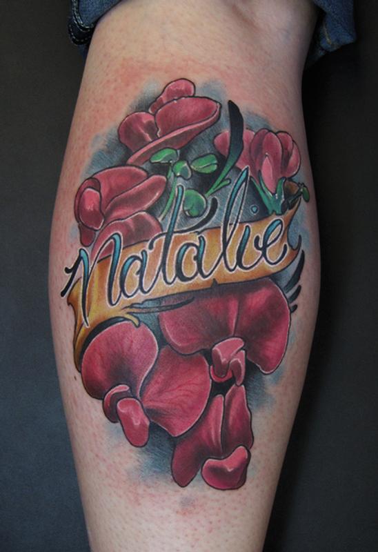 sweet pea flower color leg tattoo by Jon von Glahn: TattooNOW