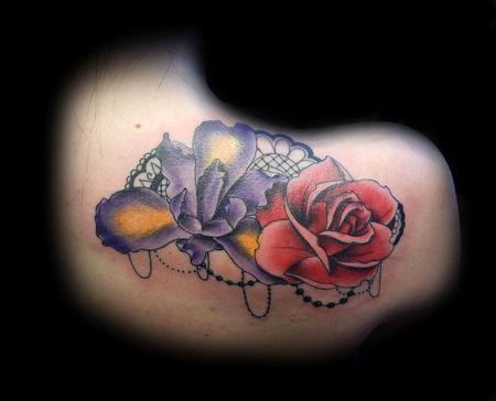 Tattoos - Full color Rose and Iris with lace and beads - 86673