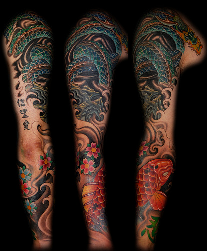 Custom Dragon and Koi Sleeve Tattoo by Marvin Silva : Tattoos