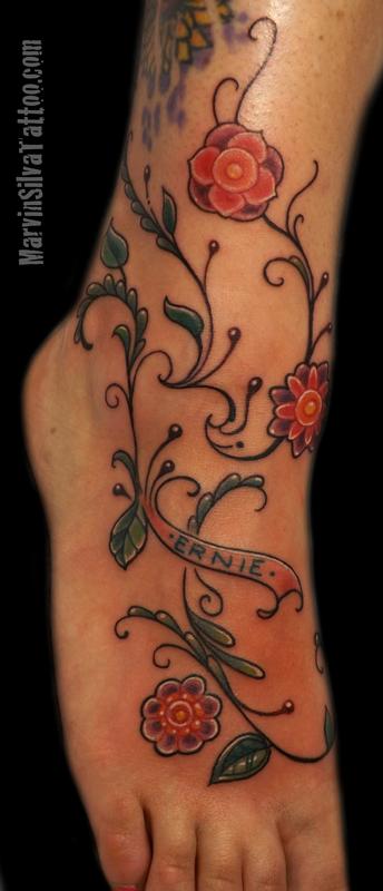 Memorial Flowers, Vines, Leaves Tattoo by Marvin Silva : Tattoos