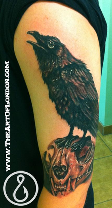 Raven on Bobcat Skull Tattoo