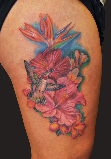 Tattoos - Humming Bird and Hawaiian flowers tattoo - 70437