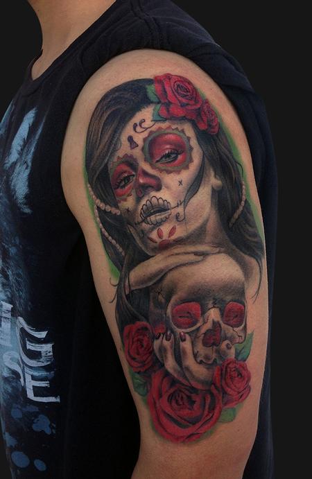 Tattoos - Day Of The Dead Girl and Skull Tattoo - 93213