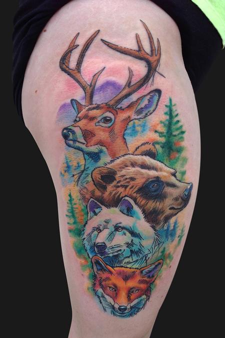 Tattoos - Animal Family Watercolor Tattoo - 93207