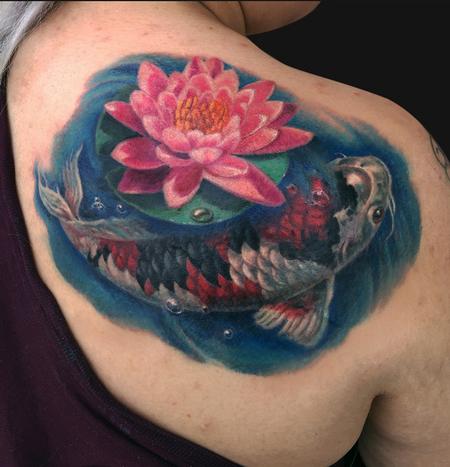 Koi Fish and Lotus Shoulder Tattoo Design Thumbnail